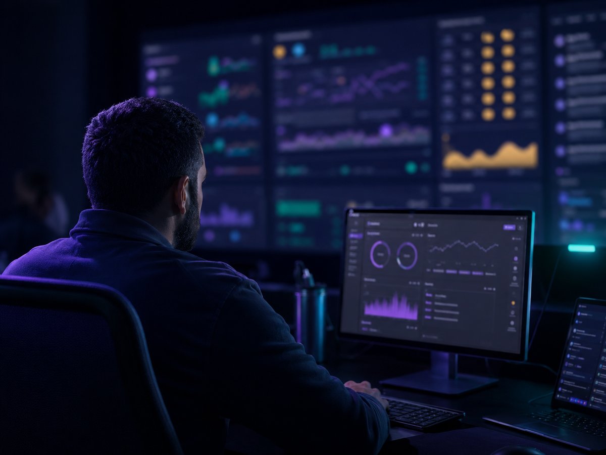 A Telebridge operations specialist monitoring live AI call activity, workflow runs, and CRM dashboards on a wall of screens