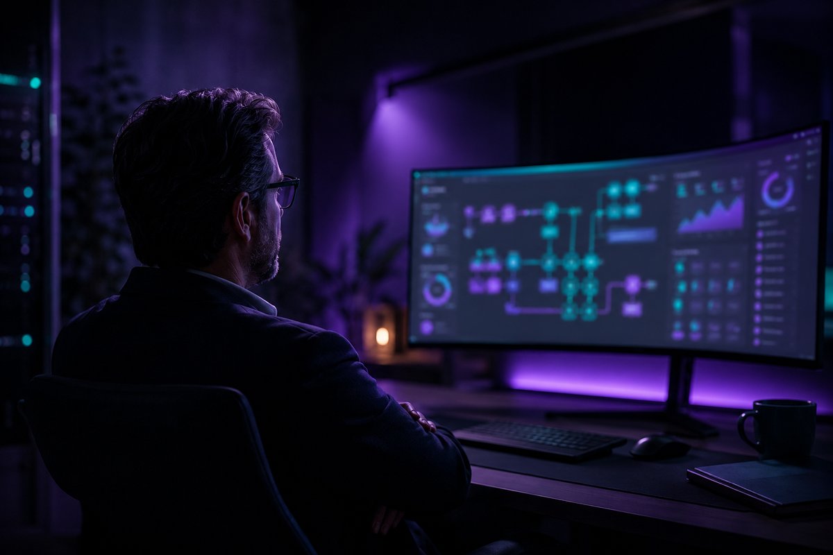 A business owner watching Telebridge AI automations run on a dashboard, hands-off