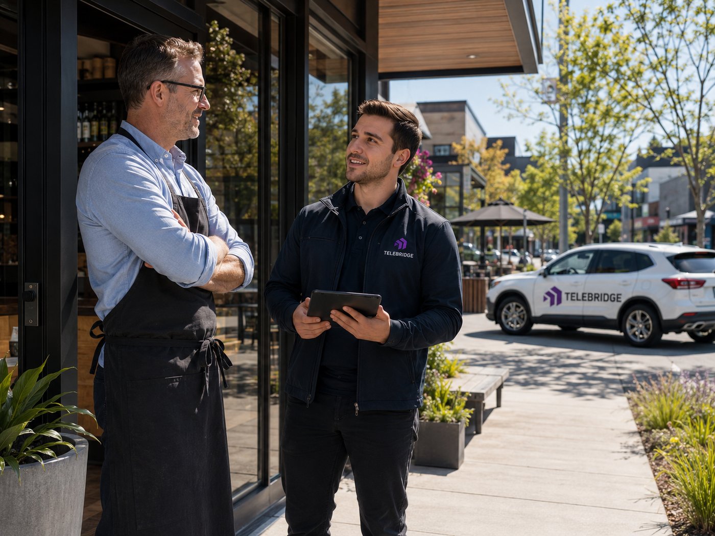 A Telebridge business specialist consulting with a local business owner outside their storefront, branded vehicle nearby