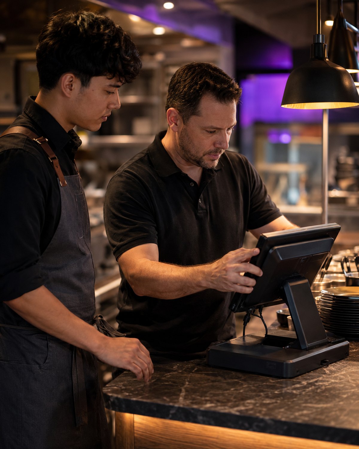 A Telebridge specialist configuring a Clover POS on a working restaurant counter