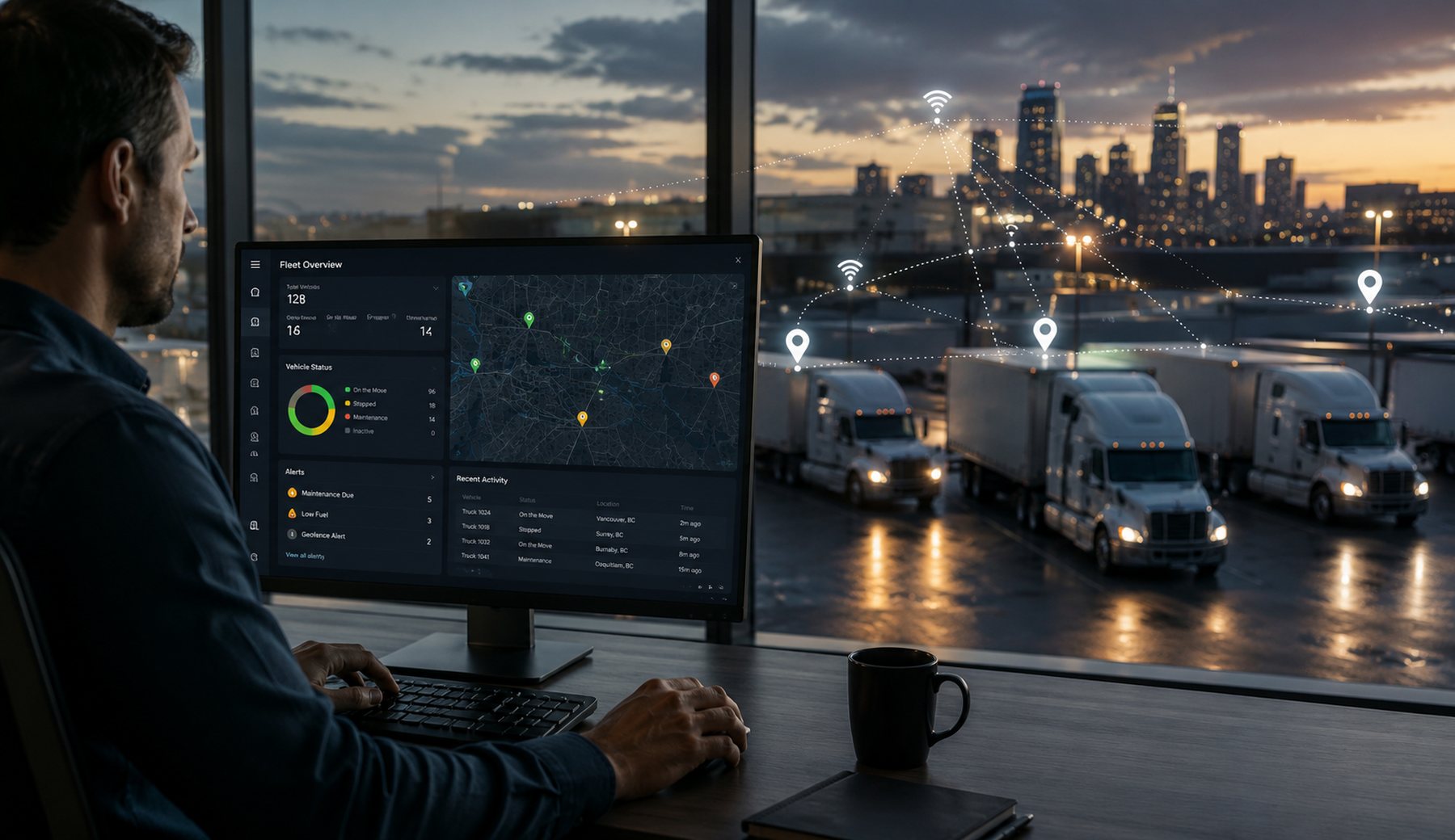 Fleet operator monitoring a live vehicle-tracking dashboard with connected trucks across British Columbia