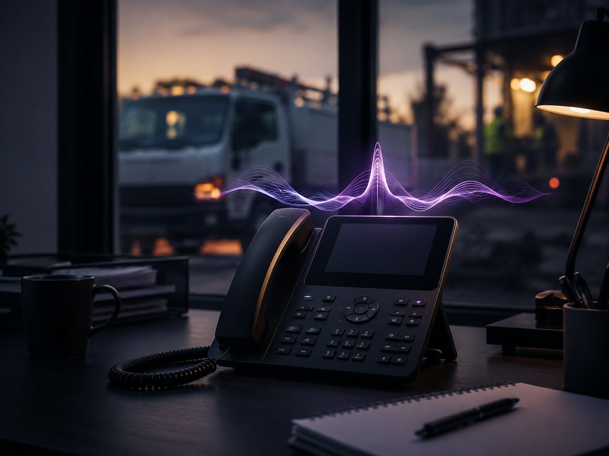An AI voice agent visual answering a trades business phone, capturing a quote request, site truck behind