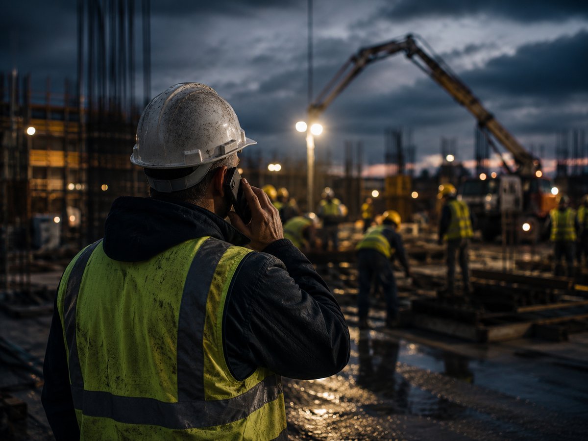 A site supervisor on a phone coordinating crews between the office and jobsite