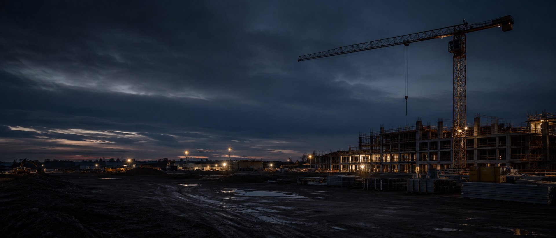 A construction jobsite at dusk with cranes and site lighting