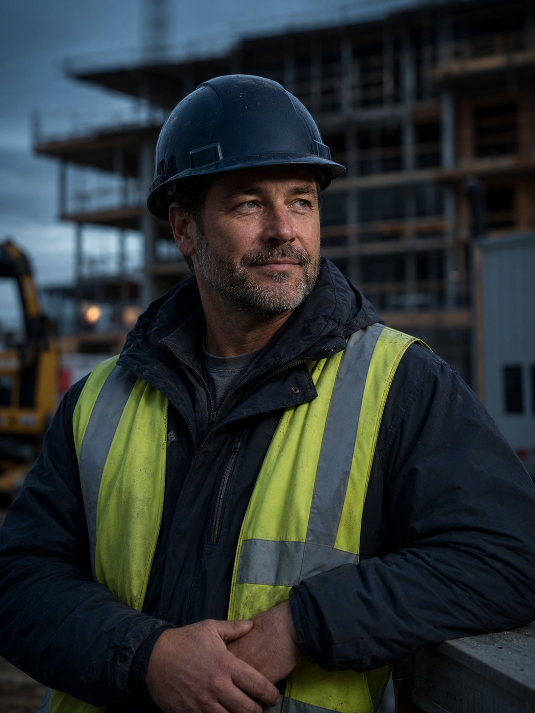 A confident trades business owner or contractor in hi-vis and hard hat on a jobsite
