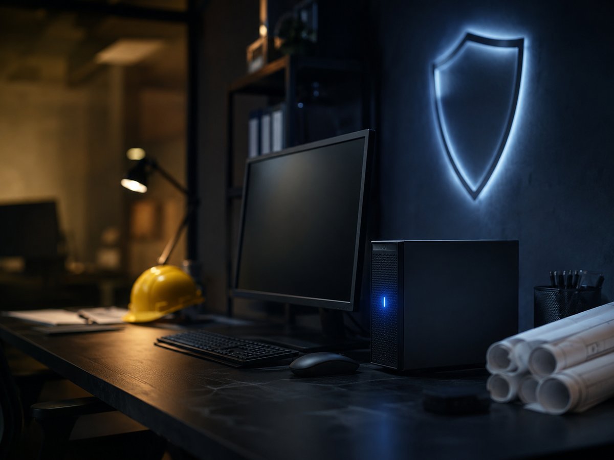 A secure office IT setup protecting project files and data, construction plans visible