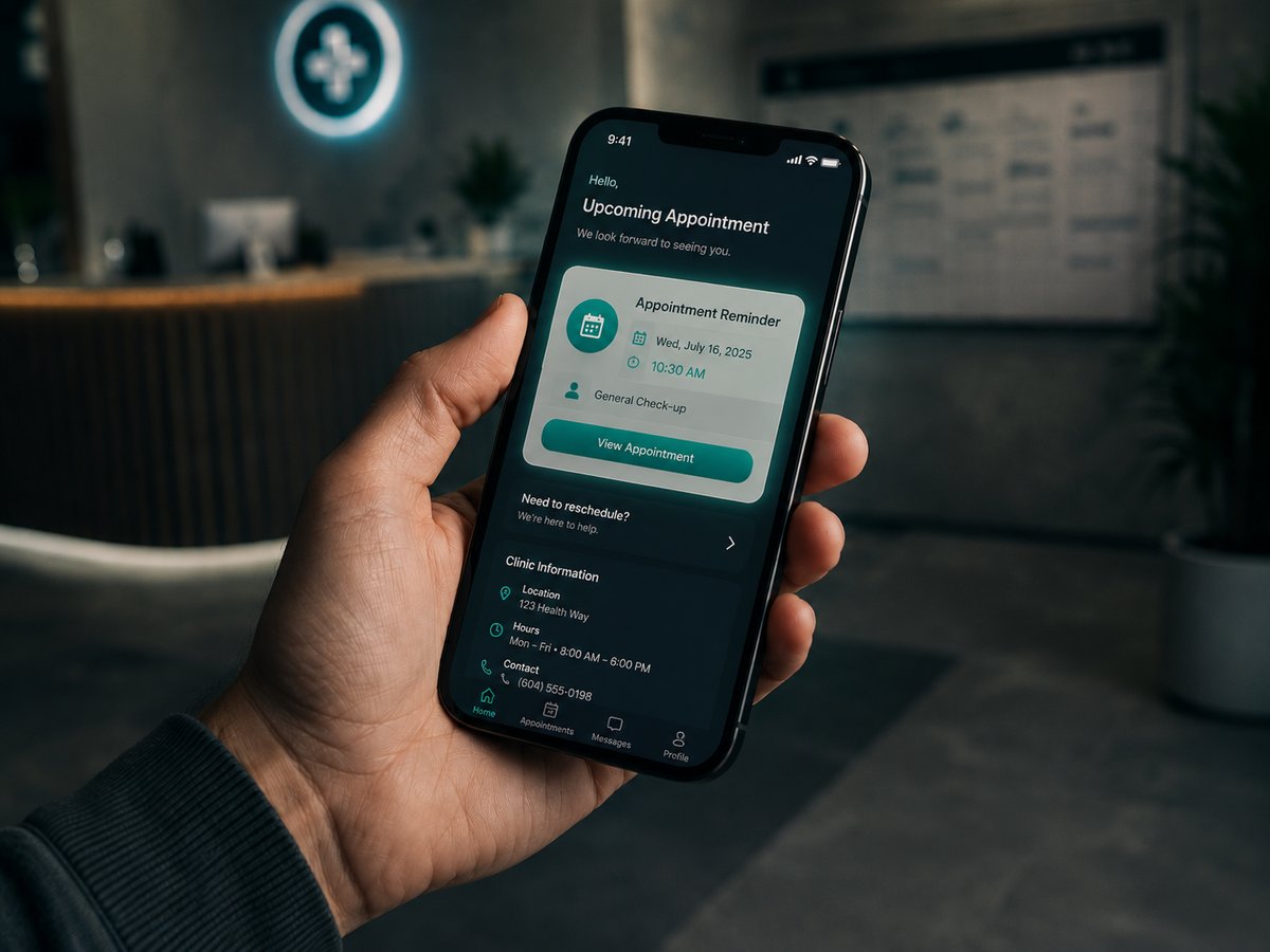 A patient receiving a friendly appointment reminder on their phone, clinic calendar in the background