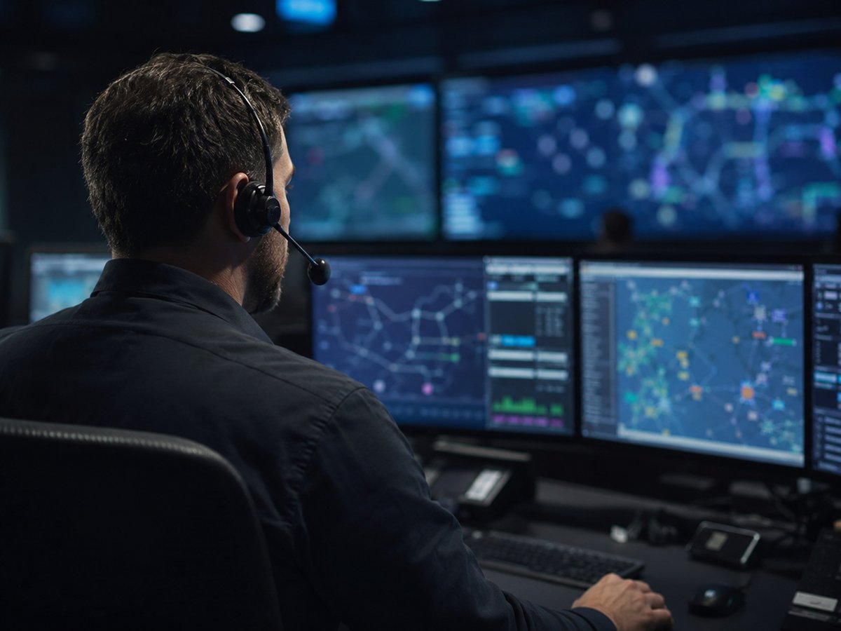 A dispatcher on a headset coordinating drivers, screens with routes, calm control-room feel