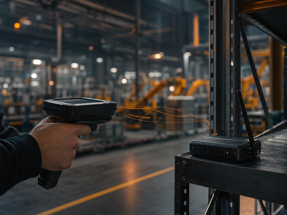 Connected IoT devices and scanners on a plant floor linked over the Rogers network, warehouse behind