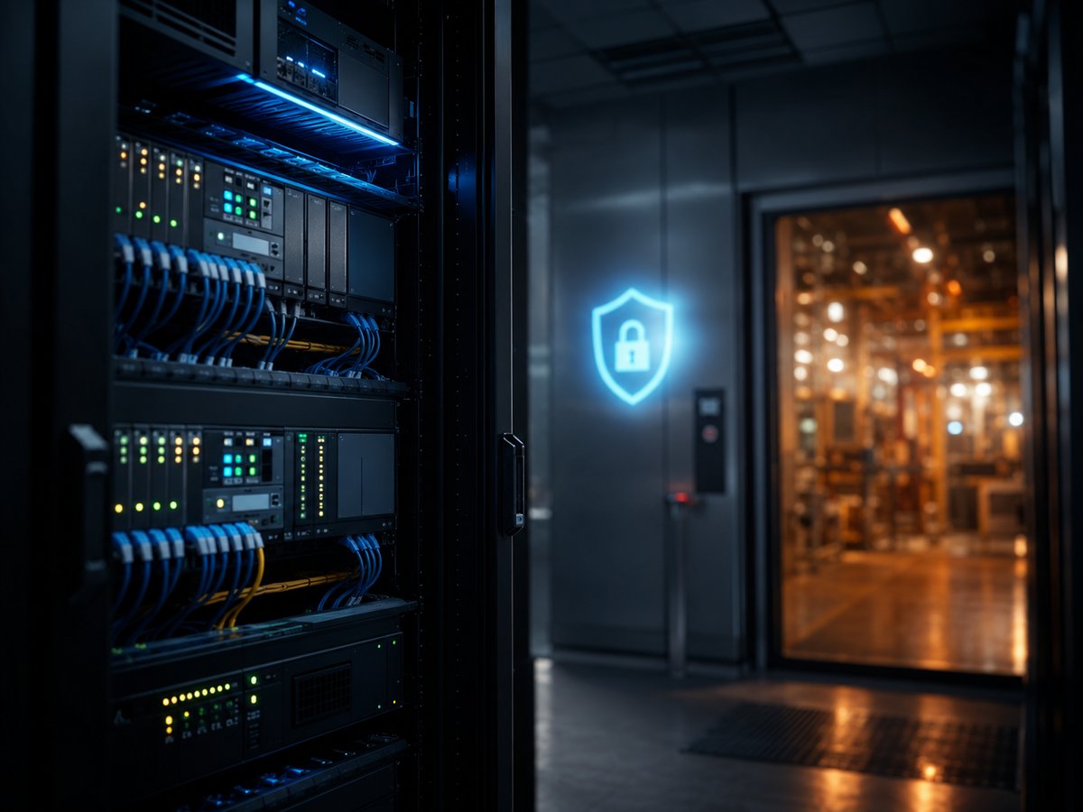 A secure plant IT/OT server room with managed network equipment, factory floor beyond