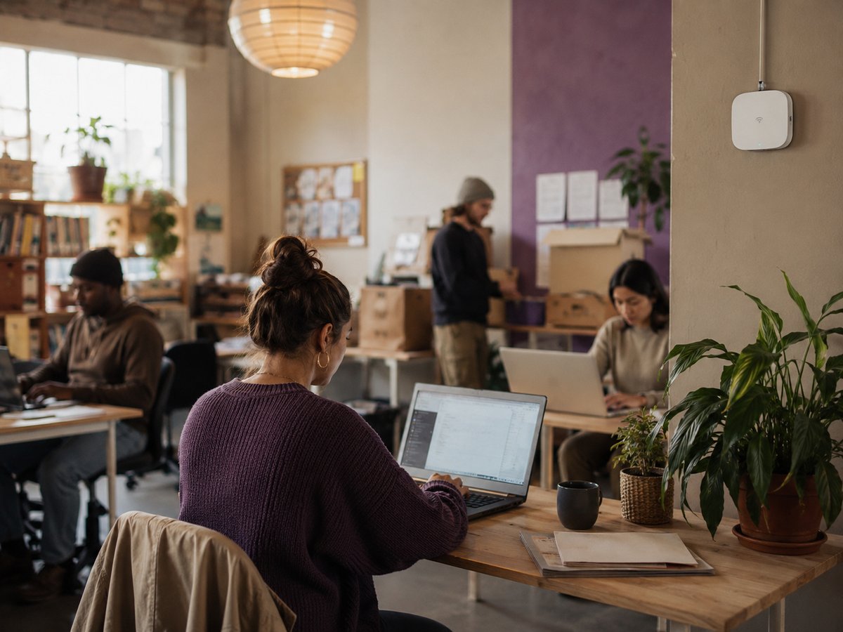 A community nonprofit office with reliable connectivity, staff and volunteers working