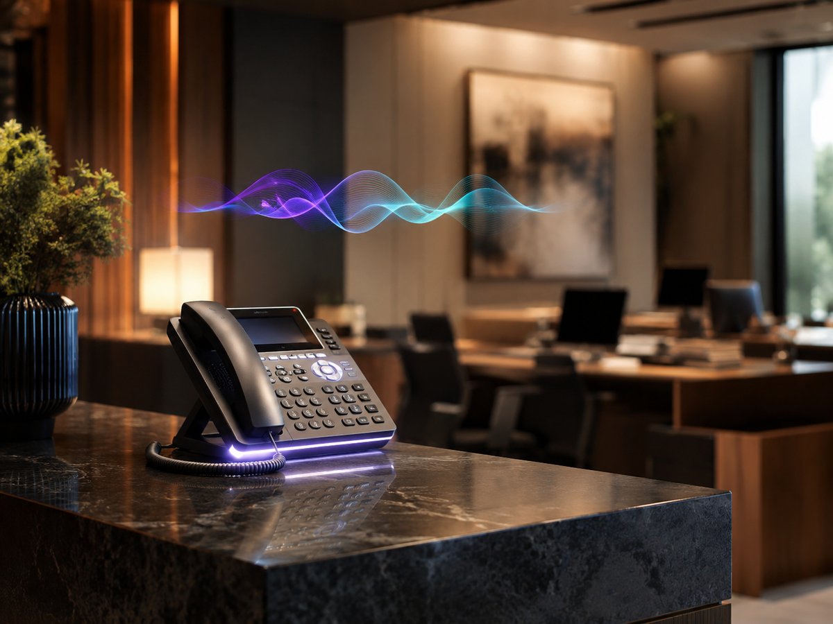 An AI voice agent visual handling client intake, a professional reception desk behind