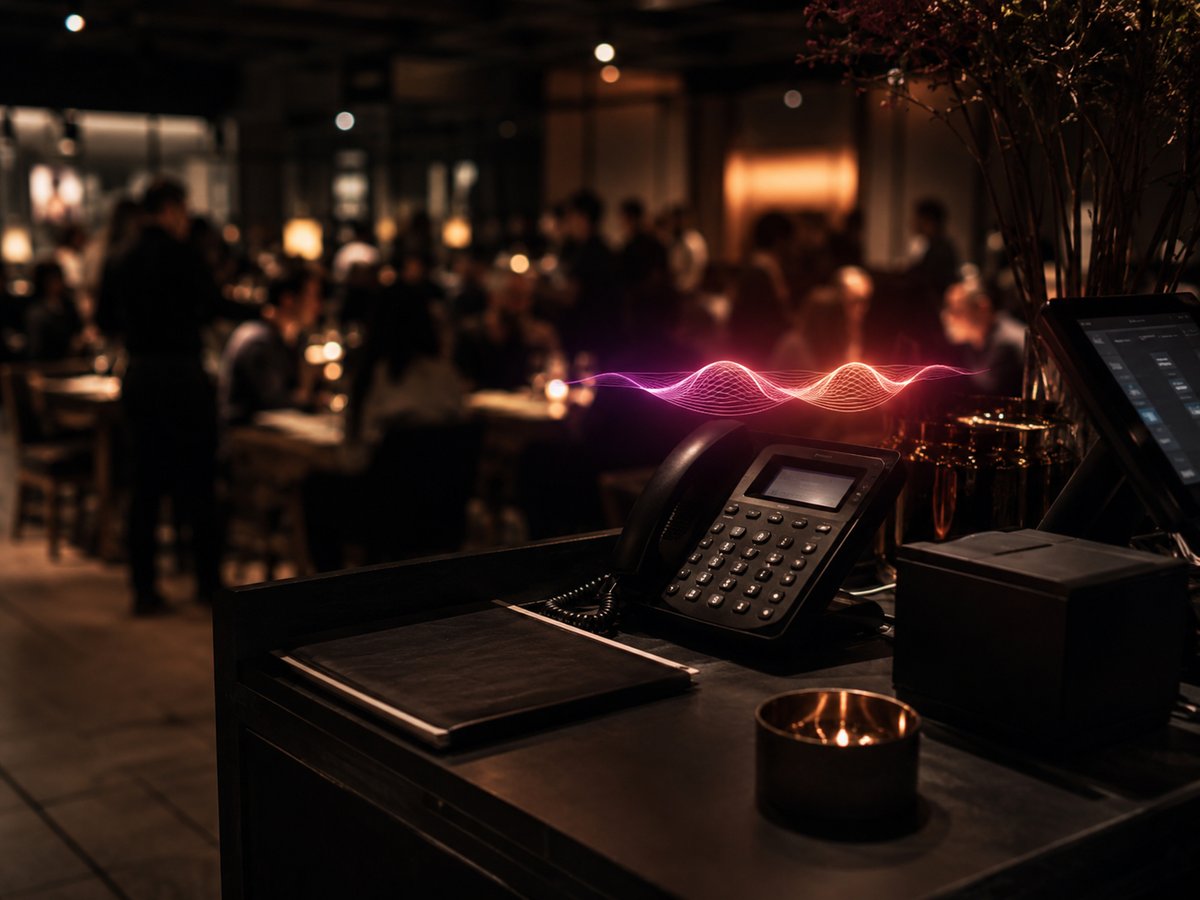 A phone ringing at a busy host stand with an AI assistant visual answering and booking a table