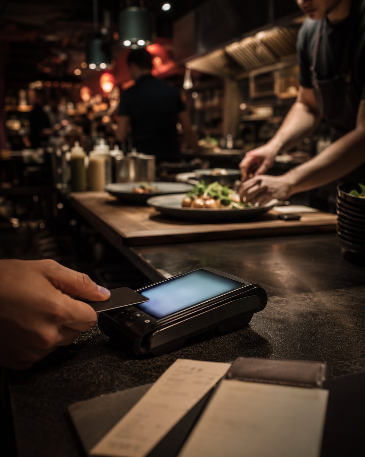 A busy modern restaurant service — staff moving, a card terminal at the pass, tickets printing