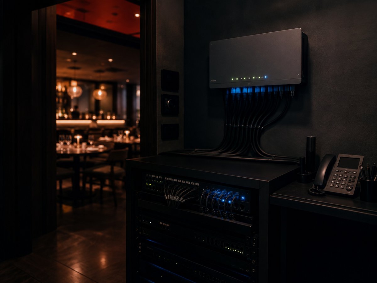 A restaurant back-office with a Rogers business gateway, cables neatly run, service continuing on the floor