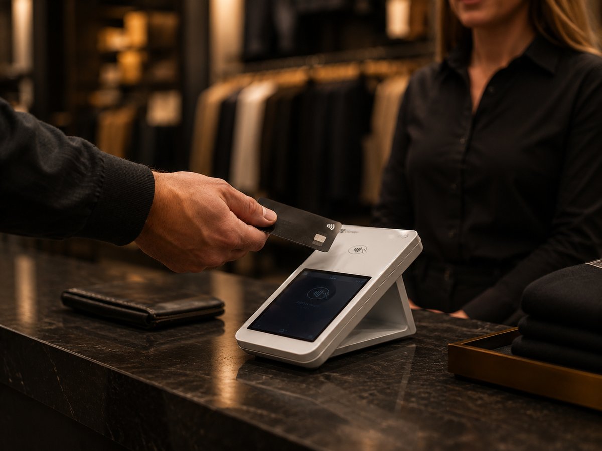 A retail checkout counter with a modern card terminal, shopper tapping to pay, tidy store behind