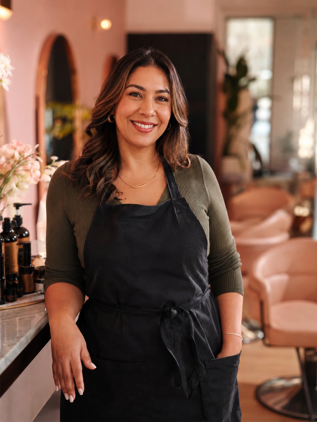 A confident salon or spa owner smiling warmly in their studio