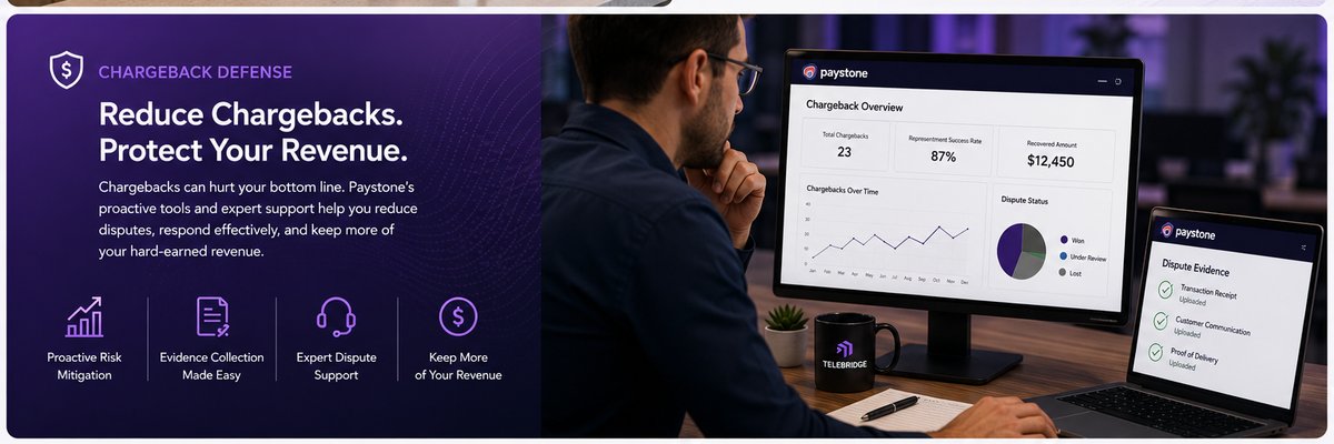 Chargeback defense dashboard showing dispute tracking and revenue recovery powered by Paystone and Telebridge