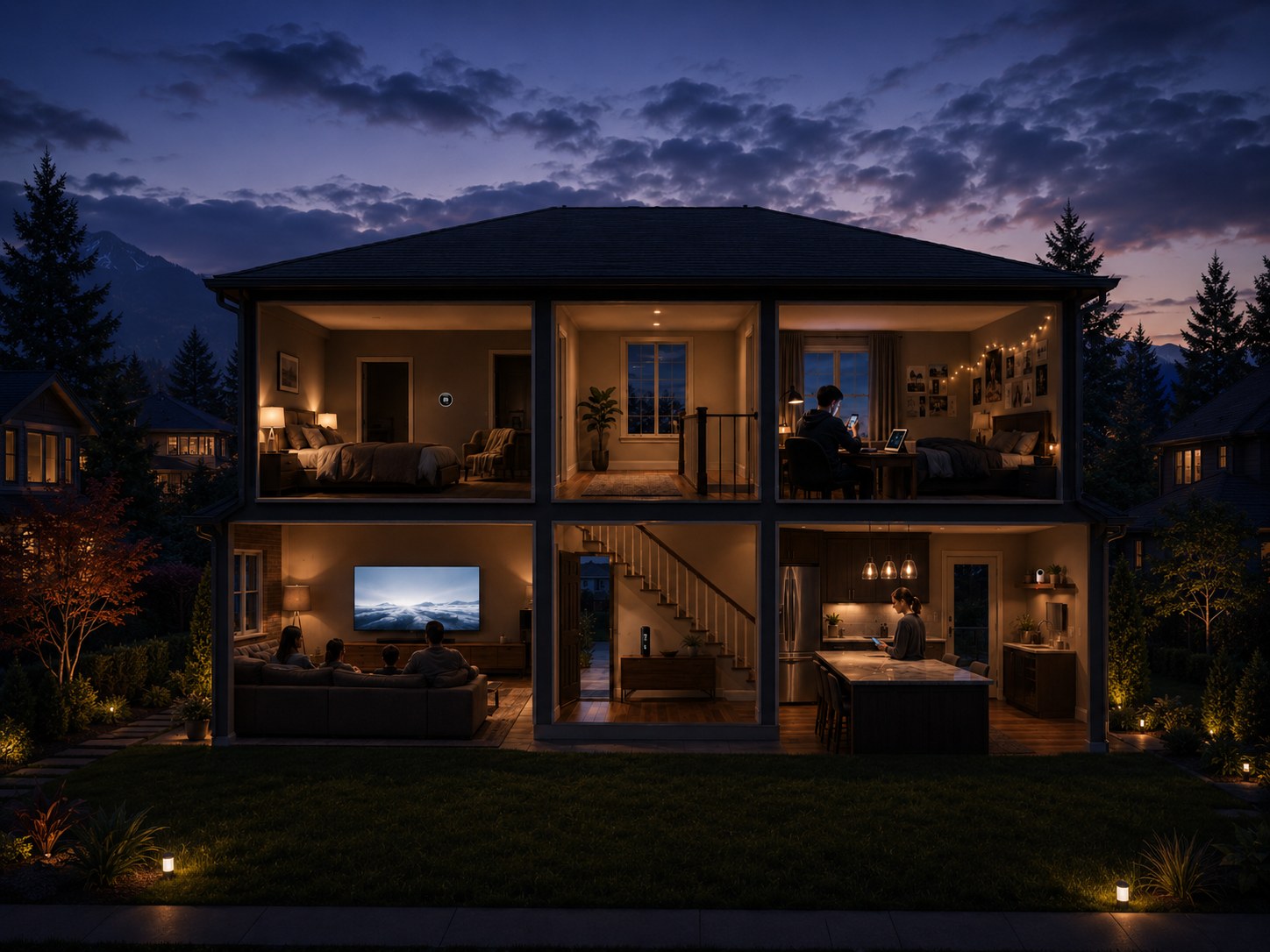 Cutaway of a two-storey family home at dusk: a family watching Rogers Xfinity TV in the living room, a teenager on a phone upstairs, a parent in the kitchen, and the Rogers Xfinity Gateway on a hall console