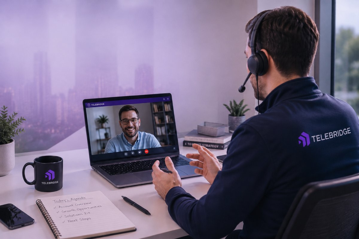 A Telebridge sales specialist on a video consultation with a client, reviewing a growth strategy agenda