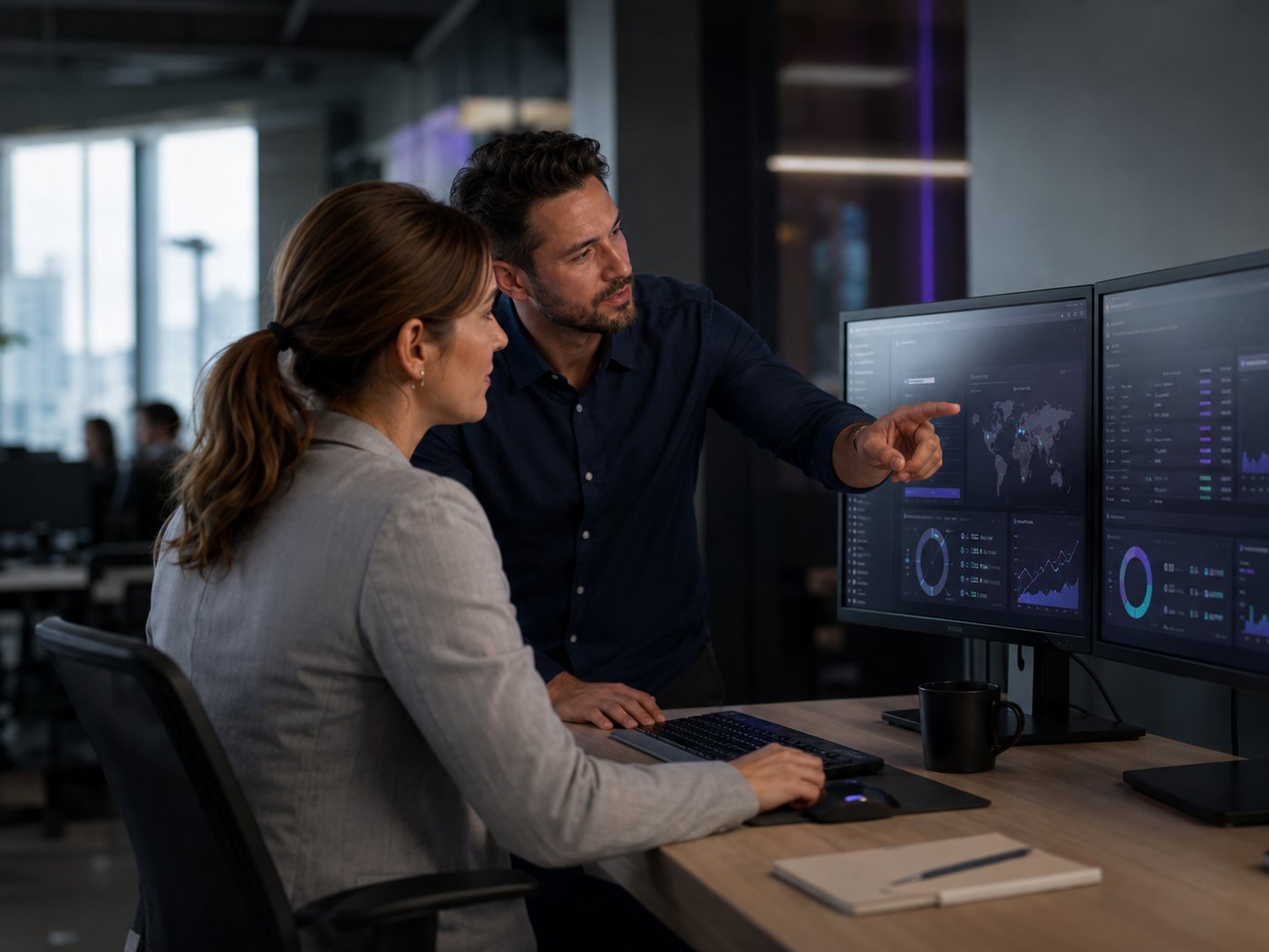 Telebridge security specialists monitoring a live threat dashboard in a security operations centre
