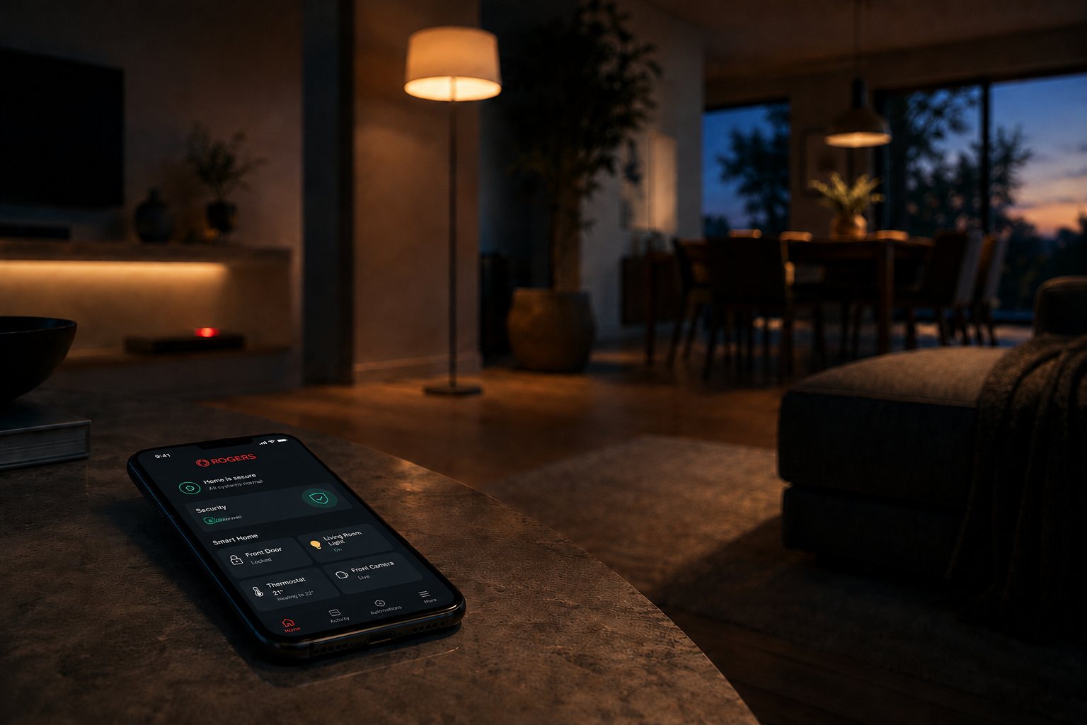 A phone on a table controlling the smart lighting in a dimly lit living room at dusk