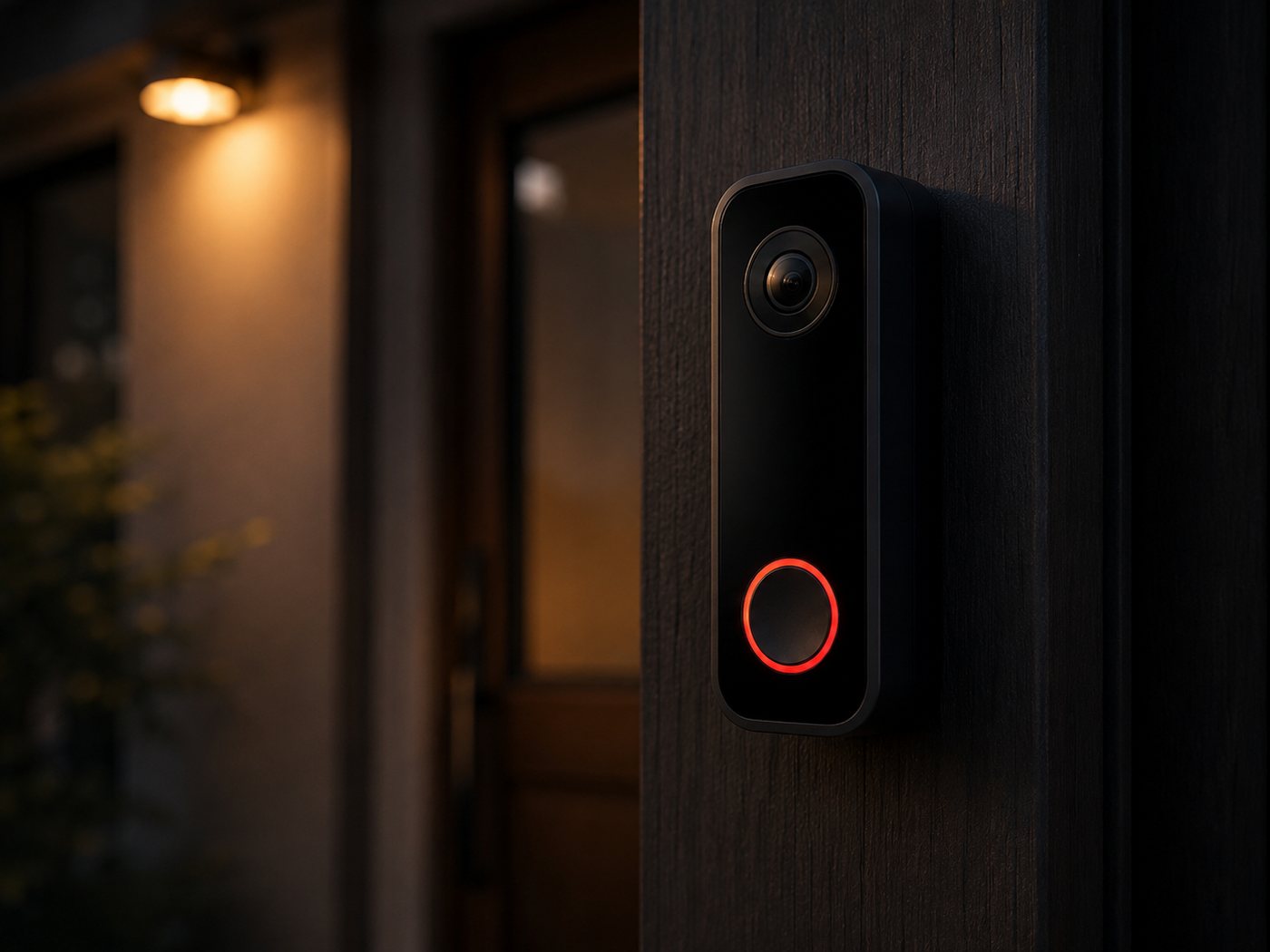 A black video doorbell mounted beside a front door at dusk, its ring button glowing red