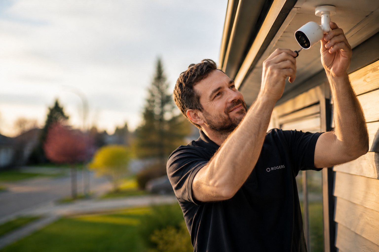 An installer in Rogers-branded apparel mounting an outdoor security camera under the eave of a home