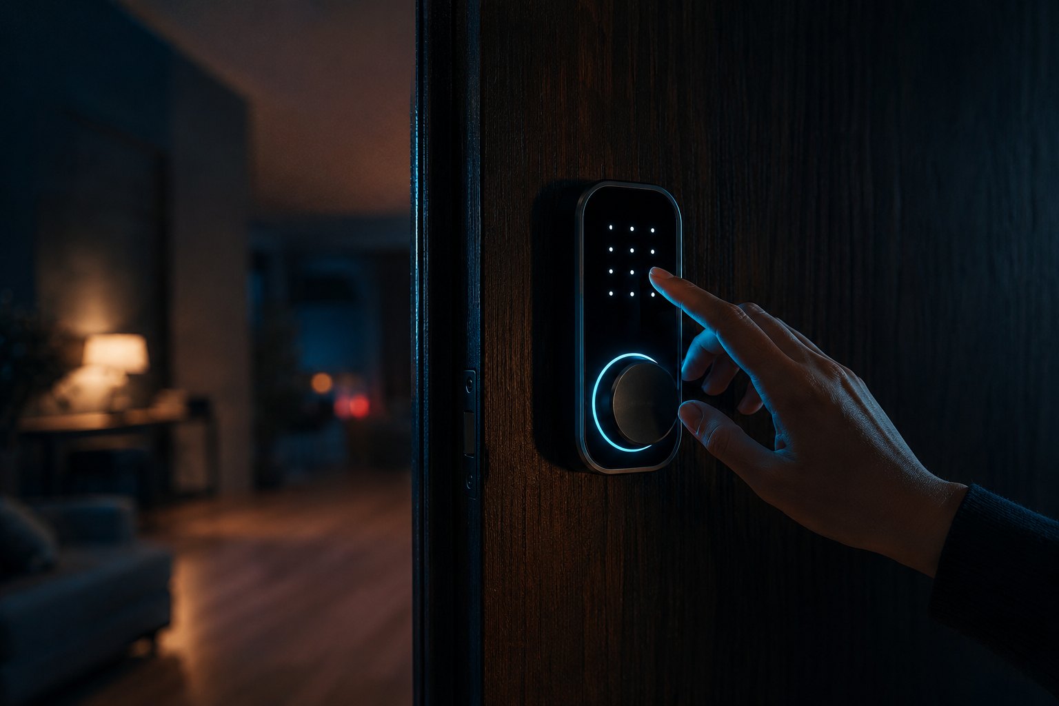 A hand unlocking a smart deadbolt at night